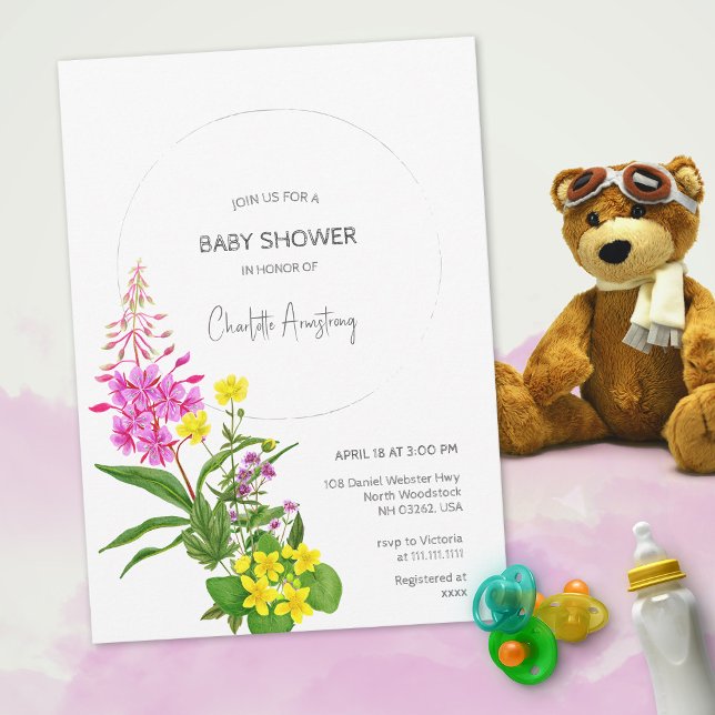 Convite Chuva de Bebê com Letreiro de Flor Silvestre Rosa  (Vibrant Yellow Pink Wildflower Script Baby Shower Invitation ©Susanne Sachers - Sunny Mind Design  )