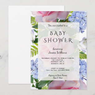 Convite Chuva de Bebê com Rosas Cor-de-Rosa e Plumbago Azu