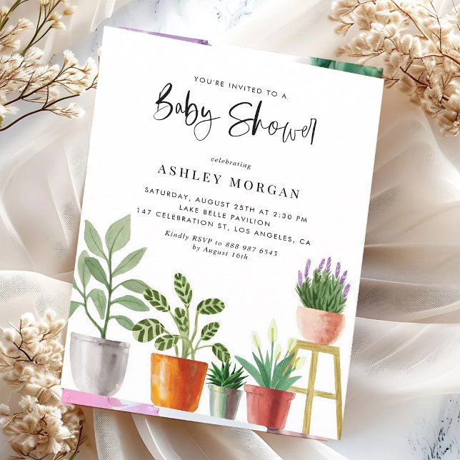 Convite Chuva de Bebê com Vasos de Plantas Boho Aquarela (Criador carregado)