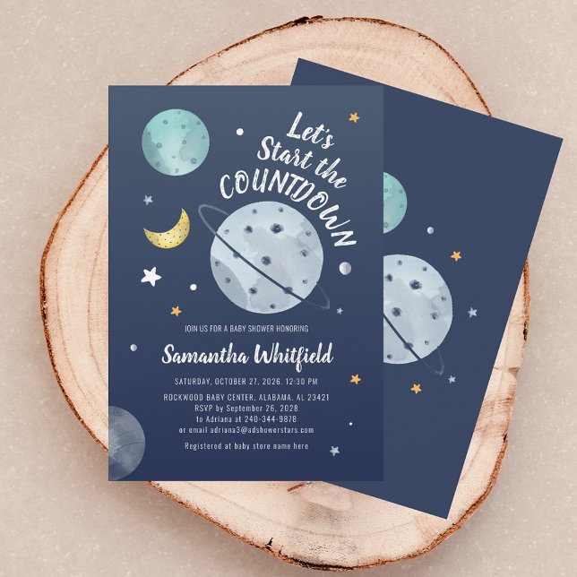 Convite Chuva de Bebê Contagem Regressiva Espaço Sideral L (Modern Baby Shower Countdown Outer Space Moon Invitation)