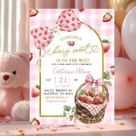 Convite Chuva de Bebê Coquette Gingham Rosa Doce Morango