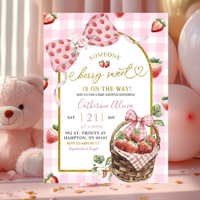 Convite Chuva de Bebê Coquette Gingham Rosa Doce Morango (Criador carregado)