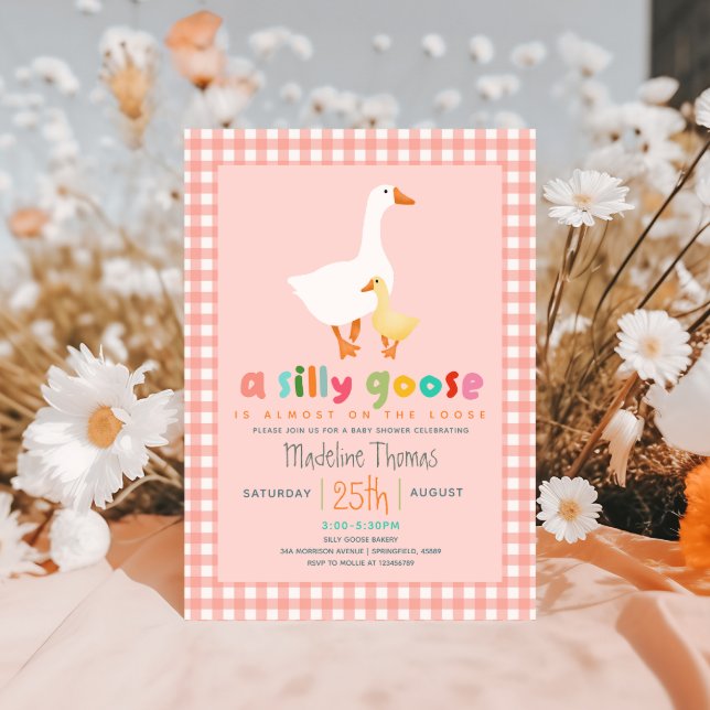 Convite Chuva de Bebê Coquette Rosa Xadrez Silly Goose (Criador carregado)