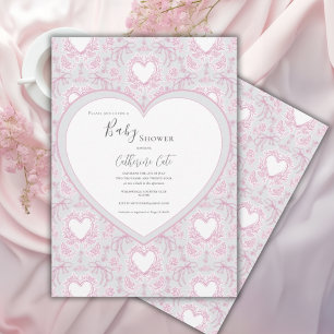 Convite Chuva de Bebê Coração Caprichoso Rosa e Cinza Flor