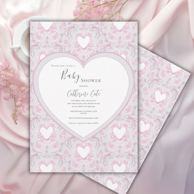 Convite Chuva de Bebê Coração Caprichoso Rosa e Cinza Flor (Criador carregado)