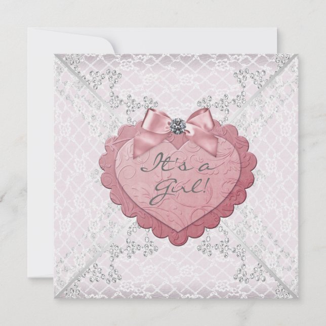 Convite Chuva de Bebê Coração Rosa com Renda Branca (Frente)