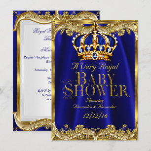 Convite Chuva de Bebê Coroa Azul Real Dourada
