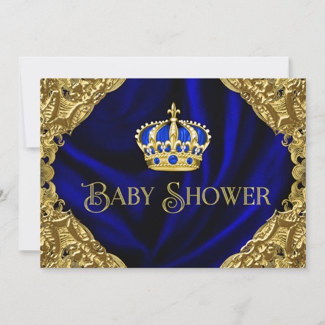 Convite Chuva de Bebê Coroa Azul Real e Dourada (Frente)