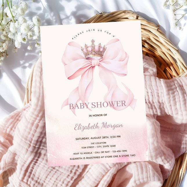 Convite Chuva de Bebê Coroa com Laço Rosa em Aquarela (Criador carregado)
