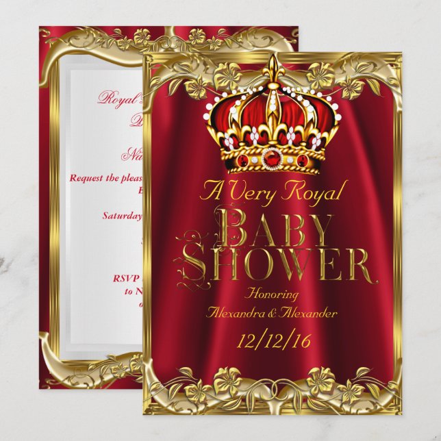 Convite Chuva de Bebê Coroa Real Regal Vermelho Dourado (Frente/Verso)