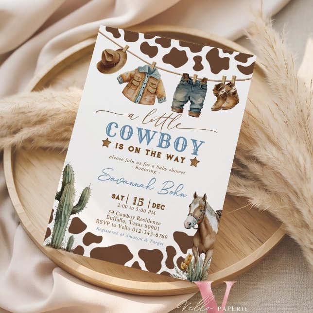Convite Chuva de Bebê Cowboy Bebê Roupas Aquarela (Criador carregado)