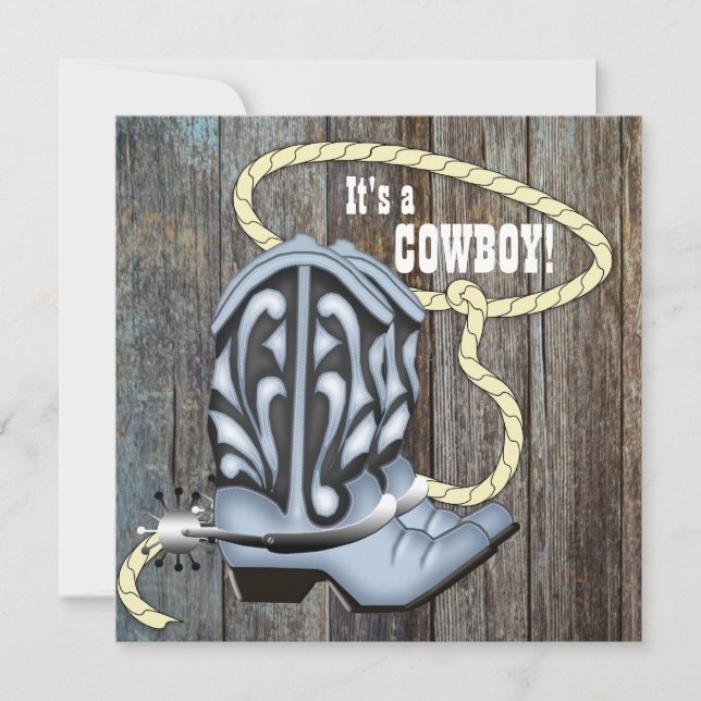 Convite Chuva de Bebê Cowboy em Madeira de Celeiro Azul Pr (Frente)