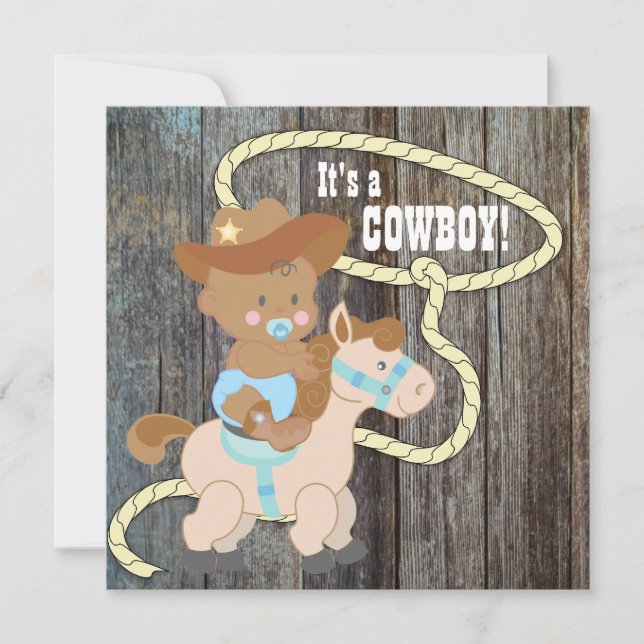 Convite Chuva de Bebê Cowboy em Madeira de Celeiro Azul Pr (Frente)