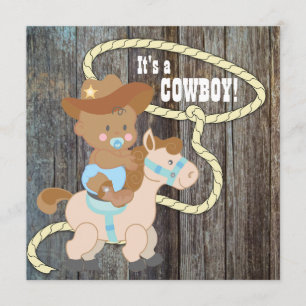 Convite Chuva de Bebê Cowboy em Madeira de Celeiro Azul Pr