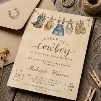 Convite Chuva de Bebê Cowboy: Rodeio Western Rústico