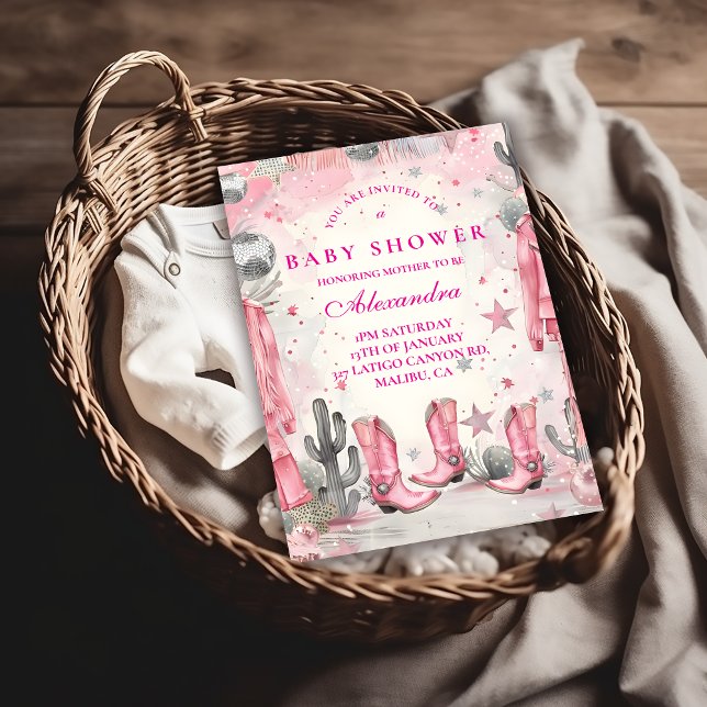 Convite Chuva de Bebê Cowgirl Disco Rosa (Criador carregado)