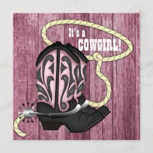 Convite Chuva de Bebê Cowgirl em Madeira de Celeiro Rosa