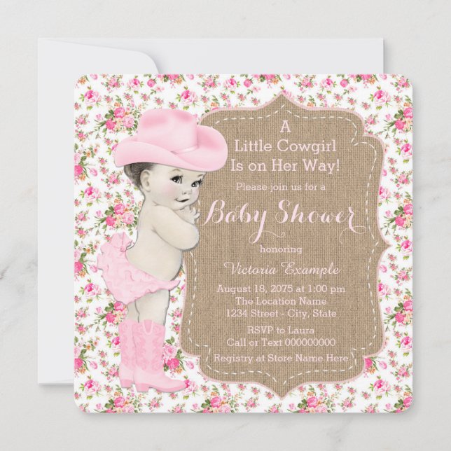 Convite Chuva de Bebê Cowgirl em Sacaria (Frente)