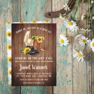 Convite Chuva de Bebê Cowgirl Girassol Oeste Rústico