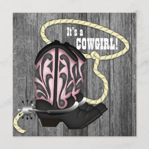 Convite Chuva de Bebê Cowgirl Madeira de Celeiro Preto e R
