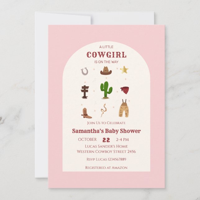 Convite Chuva de Bebê Cowgirl Minimalista Rosa (Frente)