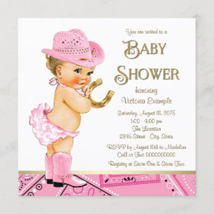 Convite Chuva de Bebê Cowgirl Rosa Dourado Ferradura