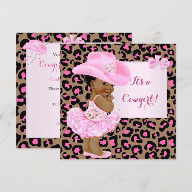 Convite Chuva de Bebe Cowgirl Rosa Menina Leopard Etno (Frente/Verso)