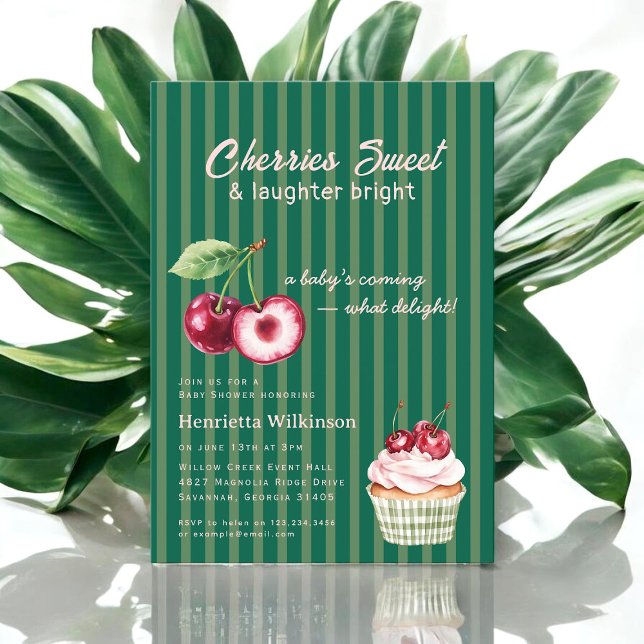 Convite Chuva de Bebê Cupcake Cereja com Faixa Verde (Criador carregado)