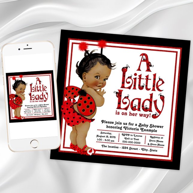 Convite Chuva de Bebê da Joaninha Afro-Americana (Cute ladybug baby shower invitation. Instant download and printed invitations available.)