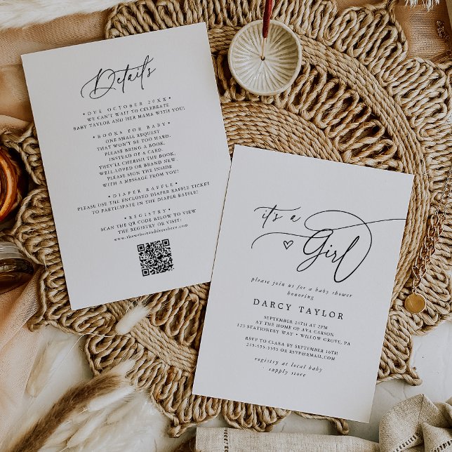 Convite Chuva de Bebê DARCY Clássico Preto Branco É uma Me (DARCY Classic Black White It's A Girl Baby Shower Invitation)