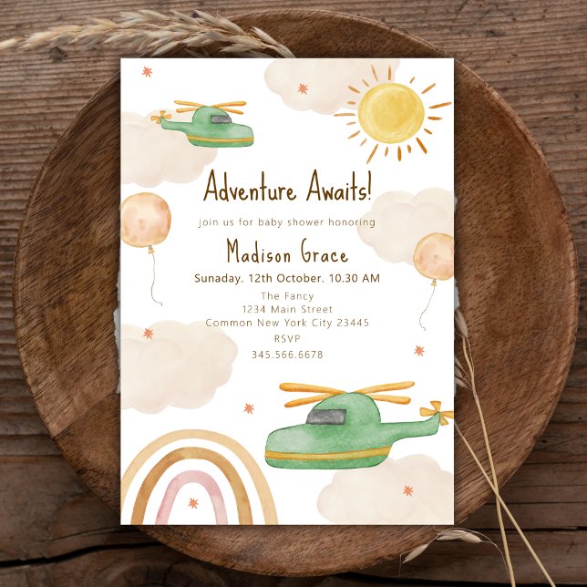 Convite Chuva de Bebê de Aventura Boho de Helicóptero Aviã (Boho Adventure Helicopter Airplane Baby Shower Invitation)