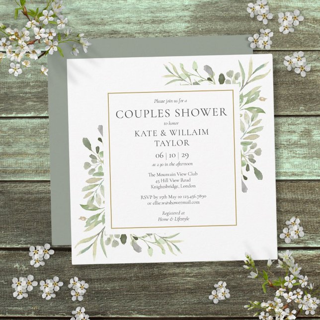 Convite Chuva de Bebê de Casais com Aquarela Verde (Watercolor Greenery Couples Baby Shower Sprinkle Invitation)