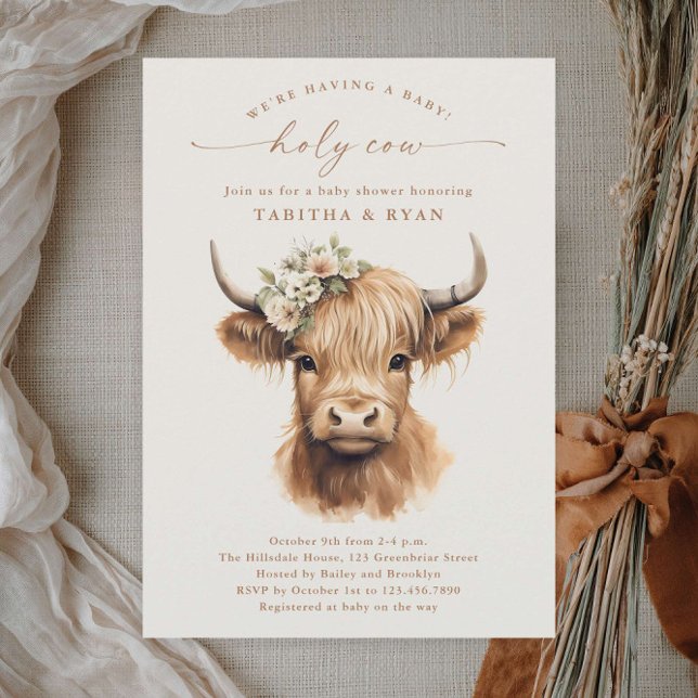 Convite Chuva de Bebê de Casal Neutro Boho Vaca das Terras (Boho highland cow couples baby shower invitations.)