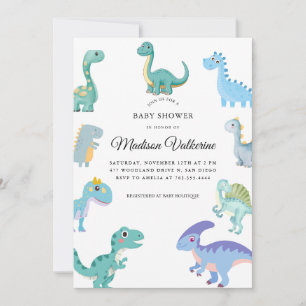 Convite Chuva de Bebê de Dinossauro Elegante Branco