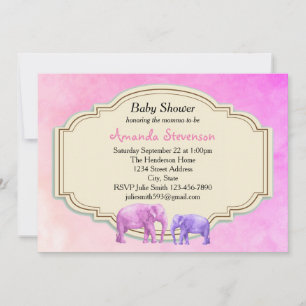 Convite Chuva de Bebê de Elefante Rosa e Roxo em Aquarela