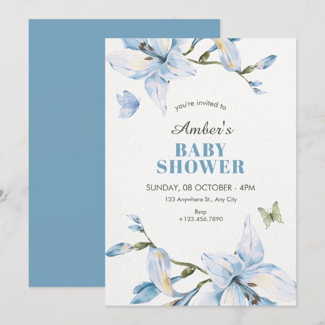 Convite Chuva de bebê de flor azul estética em flor (Frente/Verso)