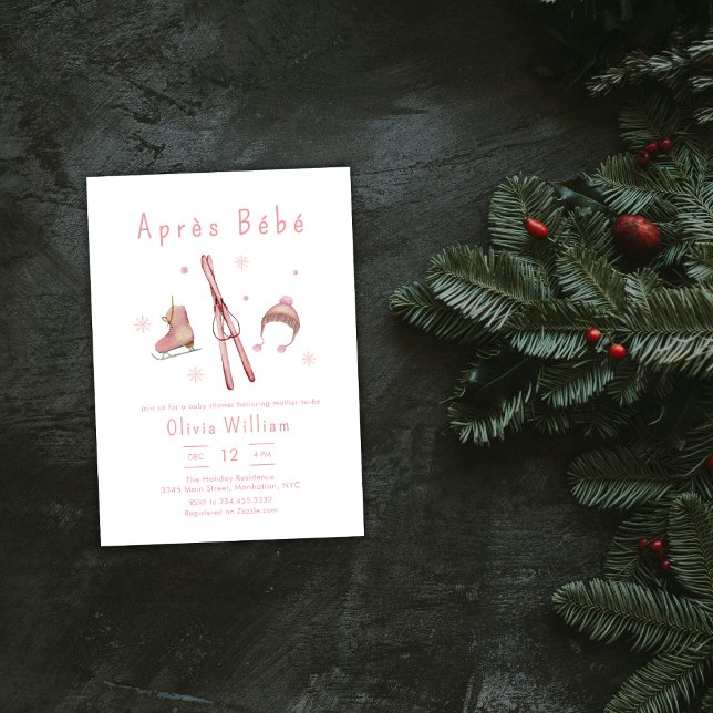 Convite Chuva de Bebê de Floresta de Inverno Rosa Après Bé (Pink Winter Woodland Après Bébé Ski Baby Shower Invitation)