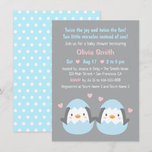 Convite Chuva de Bebê de Gêmeos Pinguins Fofos Eclodindo