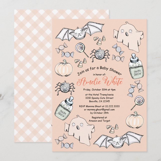 Convite Chuva de Bebê de Halloween com Fantasminha, Morceg (Frente/Verso)
