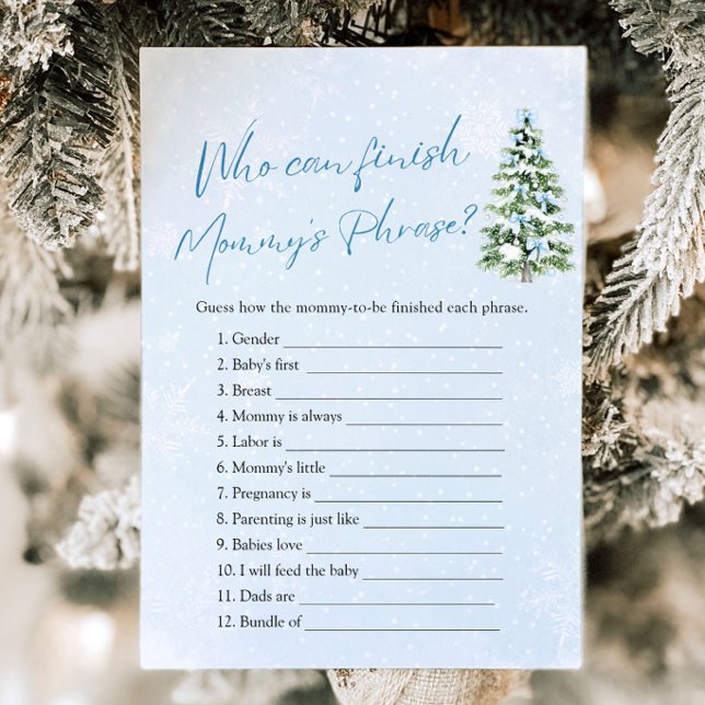 Convite Chuva de Bebê de Inverno Quem Pode Terminar a Fras (Christmas Tree Blue Bows Who Can Finish Mommy's Phrase Baby Shower Game)