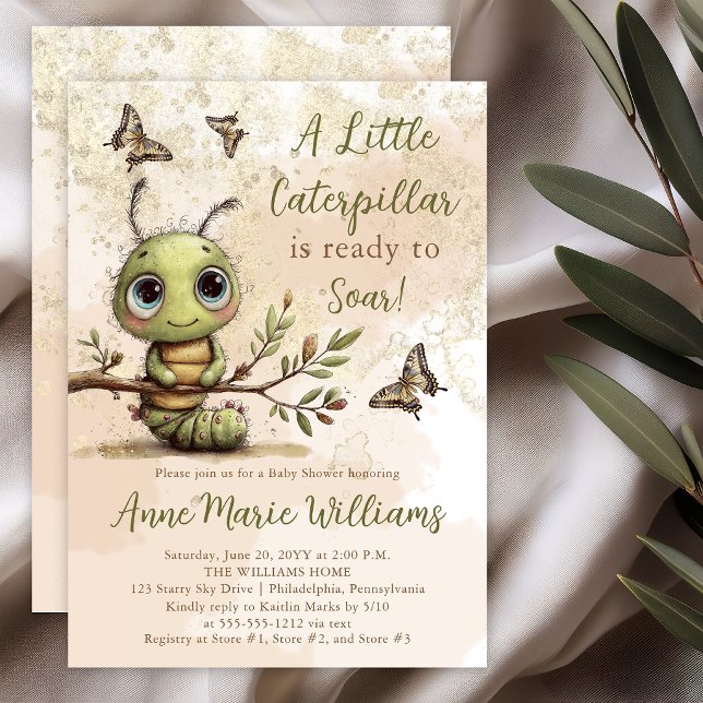 Convite Chuva de Bebê de Lagarta Caprichosa Pronta para Vo (Whimsical watercolor caterpillar baby shower invitation with soft sage and gold accents)