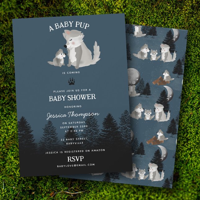 Convite Chuva de Bebê de Lobo Bonito e Mamãe na Floresta (Cute Wolf Baby Pup and Mom Woodland Baby Shower Invitation)