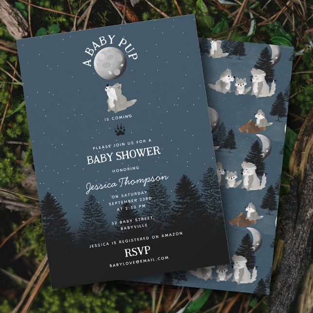 Convite Chuva de Bebê de Lobo Bonito e Mamãe na Floresta (Cute Wolf Baby Pup and Mom Woodland Baby Shower Invitation)