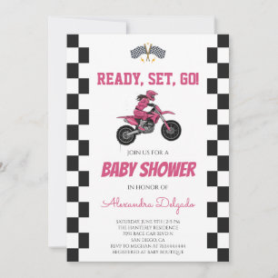 Convite Chuva de Bebê de Menina de Moto Rosa Xadrez
