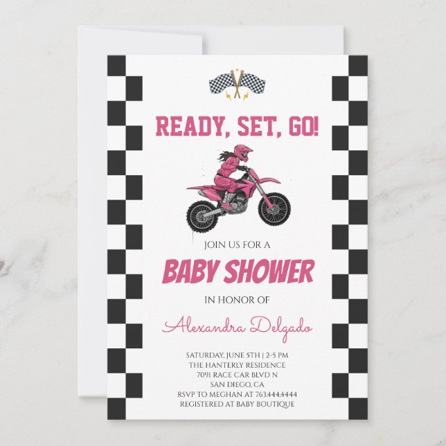 Convite Chuva de Bebê de Menina de Moto Rosa Xadrez (Frente)