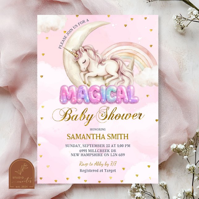 Convite Chuva de bebê de menina mágica unicórnio (Criador carregado)