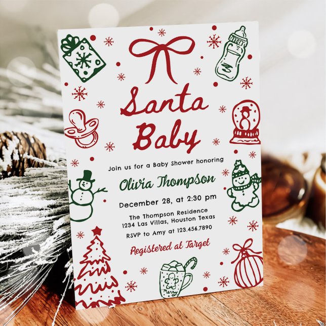 Convite Chuva de Bebê de Natal Desenhada à Mão em Vermelho (Criador carregado)