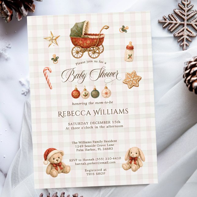Convite Chuva de Bebê de Natal Gingham Vintage (Criador carregado)