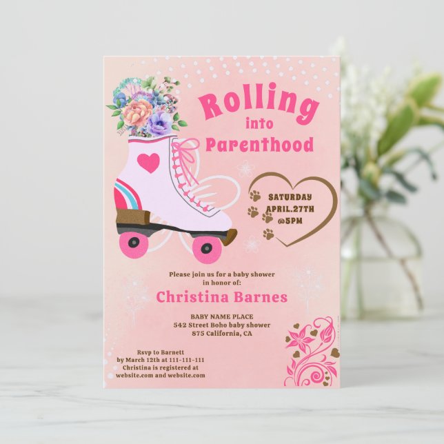 Convite Chuva de bébé de patins florais (Em pé/Frente)