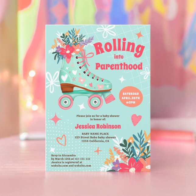 Convite Chuva de bébé de patins florais (Retro floral teal roller skate boho baby shower invitation)